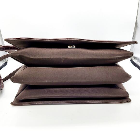 Vintage Bloomingdale's Dark Brown Leather Croc Embossed Envelope Accordion Bag - Picture 5 of 13